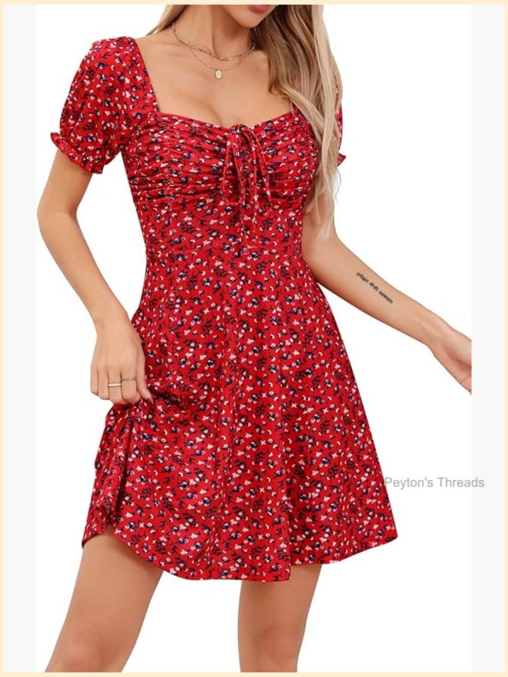 Puff Short Sleeve Fit And Flare Drawstring Floral Mini Sun Dress Summer